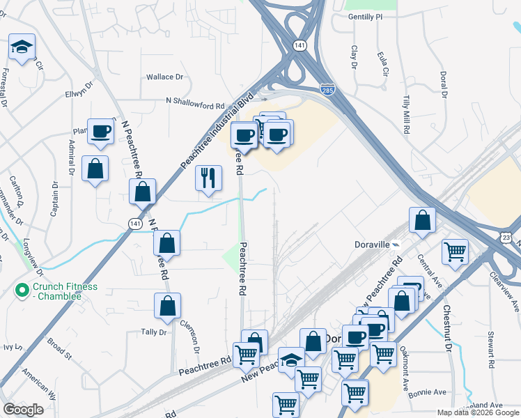 map of restaurants, bars, coffee shops, grocery stores, and more near 5936 Peachtree Road in Atlanta