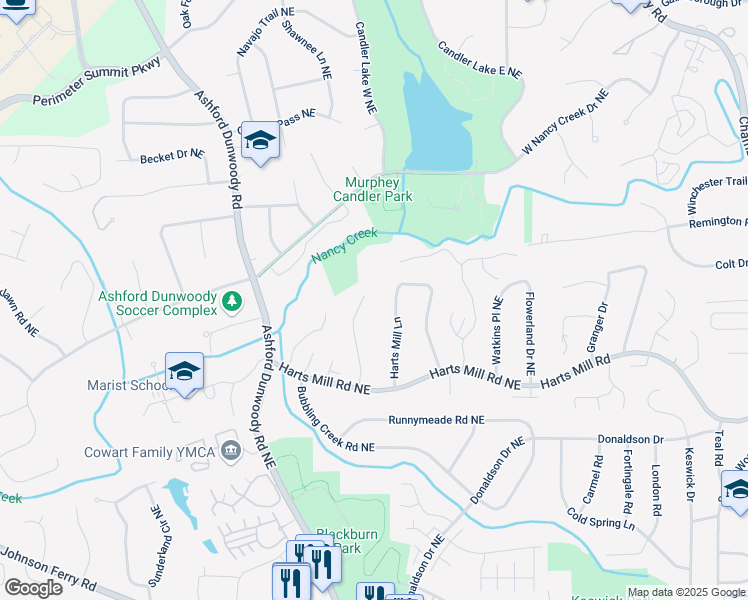 map of restaurants, bars, coffee shops, grocery stores, and more near 3833 Fox Glen Court Northeast in Atlanta