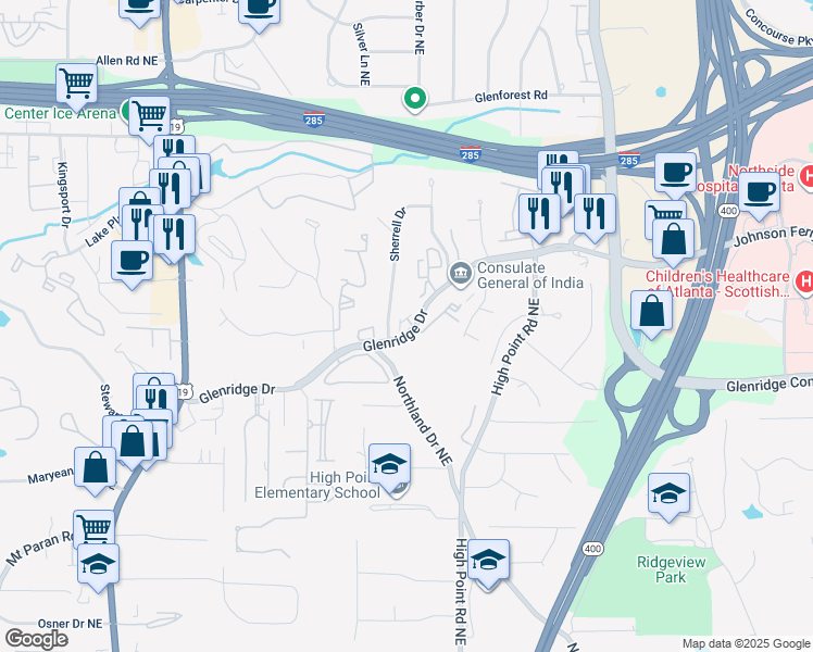 map of restaurants, bars, coffee shops, grocery stores, and more near 5512 Glenridge Drive in Sandy Springs
