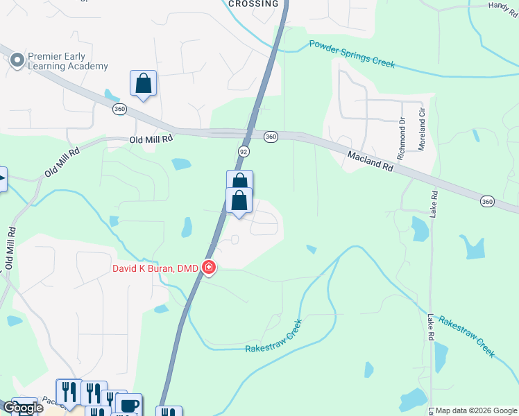 map of restaurants, bars, coffee shops, grocery stores, and more near 258 Darby's Crossing Court in Hiram