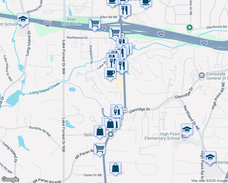 map of restaurants, bars, coffee shops, grocery stores, and more near 5456 Wentworth Street in Sandy Springs