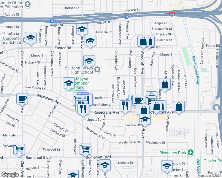 map of restaurants, bars, coffee shops, grocery stores, and more near 14005 Dunrobin Avenue in Bellflower