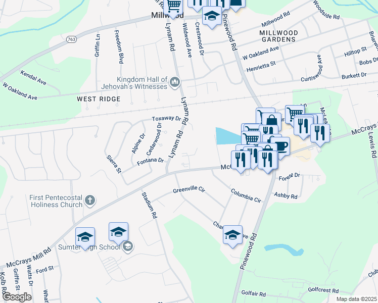 map of restaurants, bars, coffee shops, grocery stores, and more near 2 Loring Mill Road in Sumter