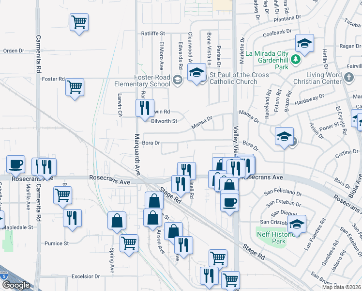 map of restaurants, bars, coffee shops, grocery stores, and more near 13968 Plume Drive in La Mirada