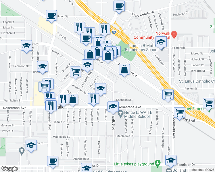 map of restaurants, bars, coffee shops, grocery stores, and more near 12159 Pine Street in Norwalk