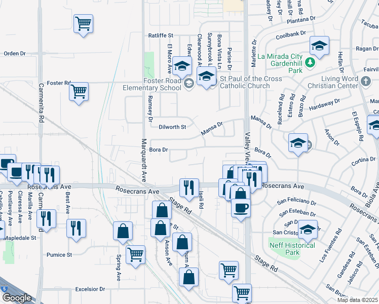 map of restaurants, bars, coffee shops, grocery stores, and more near 13968 Plume Drive in La Mirada
