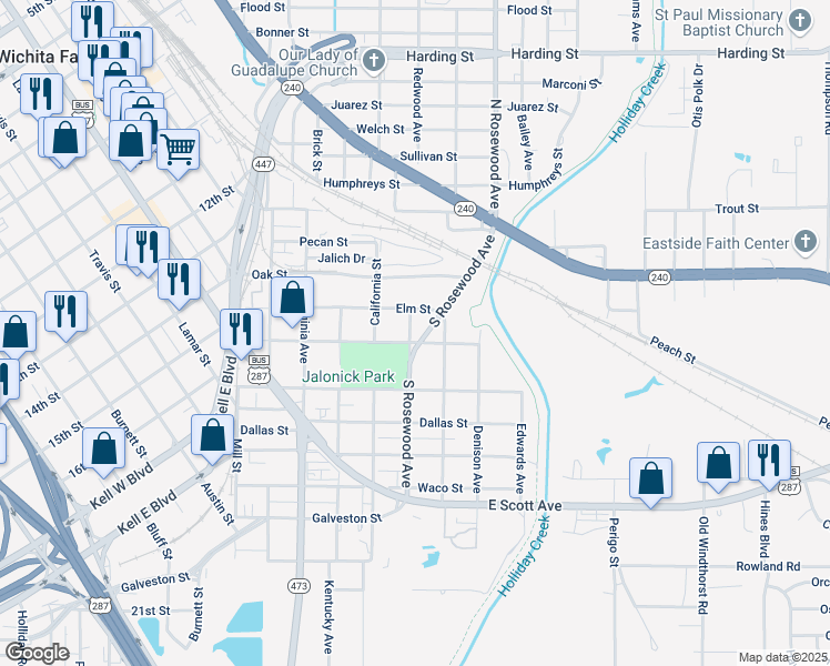 map of restaurants, bars, coffee shops, grocery stores, and more near 510 Walnut Street in Wichita Falls