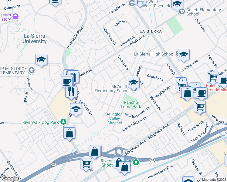 map of restaurants, bars, coffee shops, grocery stores, and more near 11419 Springwood Court in Riverside