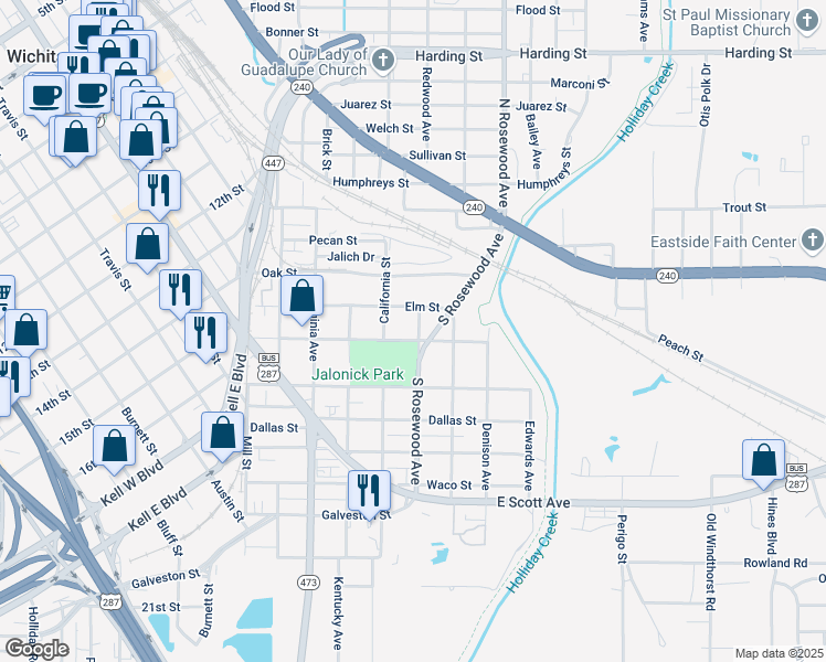 map of restaurants, bars, coffee shops, grocery stores, and more near 510 Walnut Street in Wichita Falls