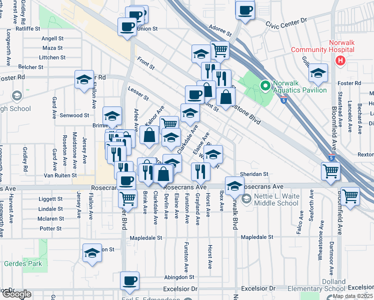 map of restaurants, bars, coffee shops, grocery stores, and more near 12014 Walnut Street in Norwalk