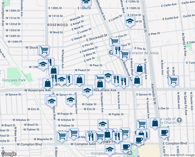 map of restaurants, bars, coffee shops, grocery stores, and more near 411 West Plum Street in Compton