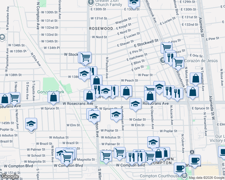 map of restaurants, bars, coffee shops, grocery stores, and more near 629 West Plum Street in Compton
