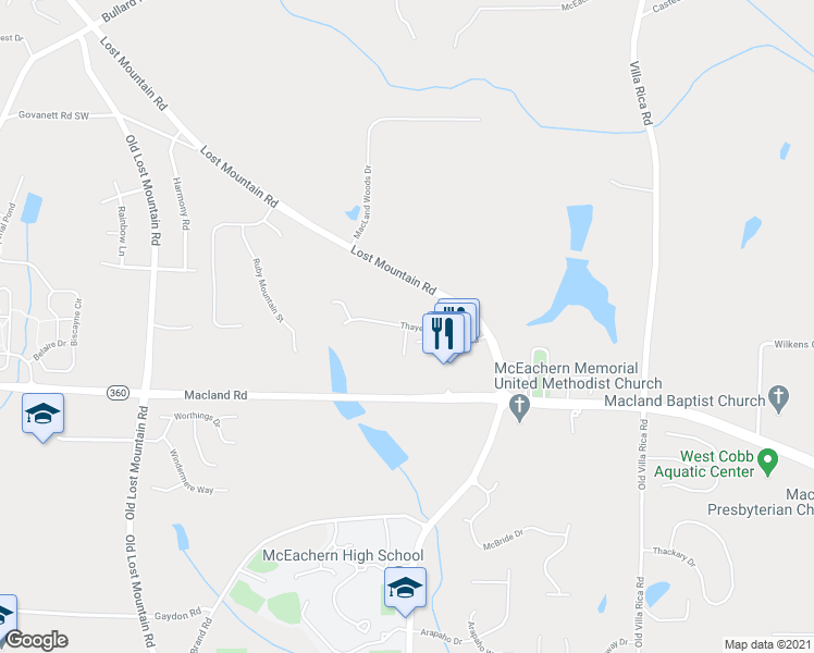map of restaurants, bars, coffee shops, grocery stores, and more near Thayer Drive Southwest in Cobb County