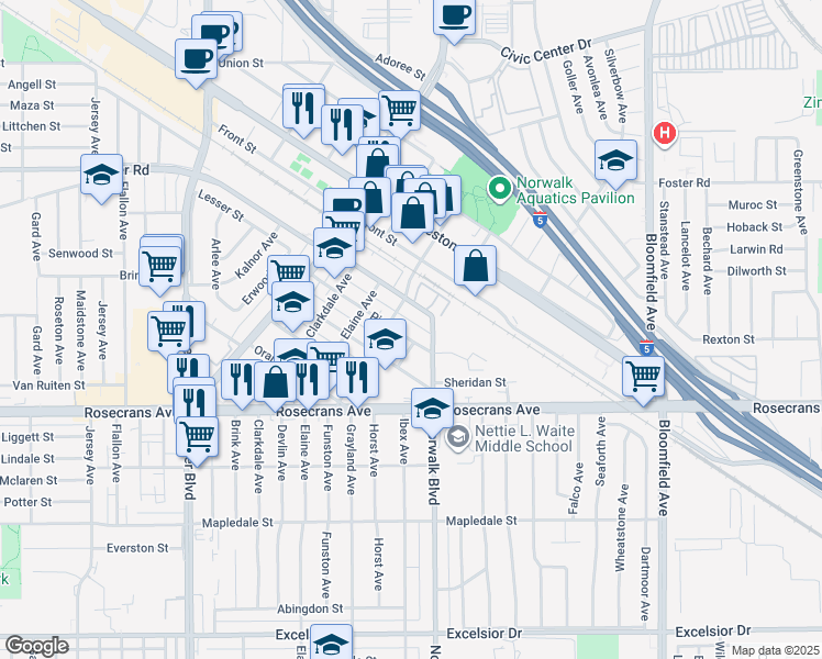 map of restaurants, bars, coffee shops, grocery stores, and more near 12159 Pine Street in Norwalk