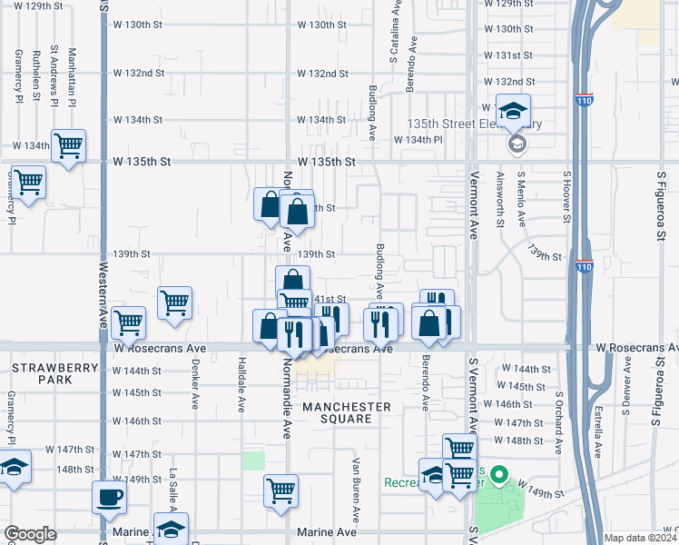 map of restaurants, bars, coffee shops, grocery stores, and more near 1261 West 140th Street in Gardena