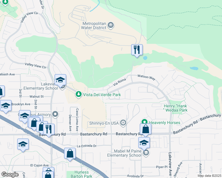 map of restaurants, bars, coffee shops, grocery stores, and more near 17892 Via Roma in Yorba Linda