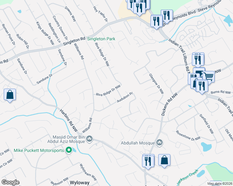 map of restaurants, bars, coffee shops, grocery stores, and more near 1063 Thrasher Court Northwest in Norcross