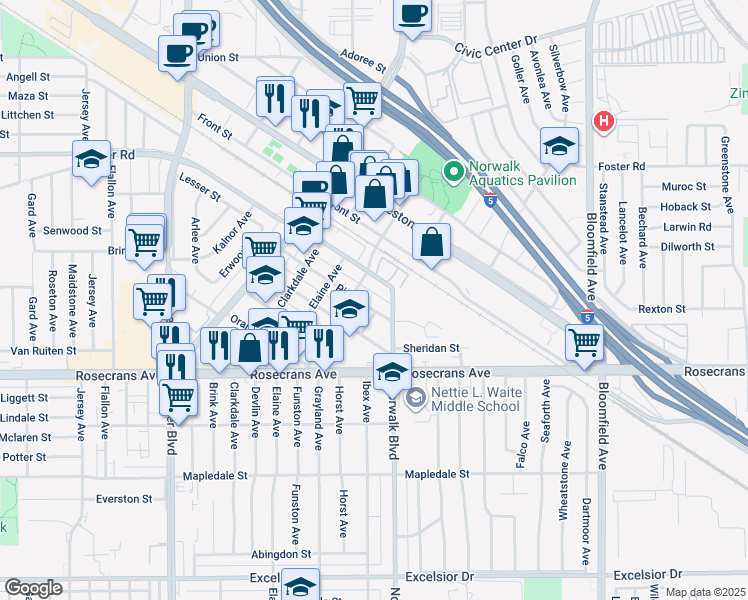 map of restaurants, bars, coffee shops, grocery stores, and more near 12159 Pine Street in Norwalk