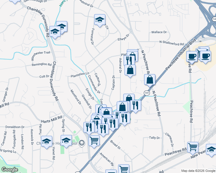 map of restaurants, bars, coffee shops, grocery stores, and more near 3839 Longview Drive in Atlanta