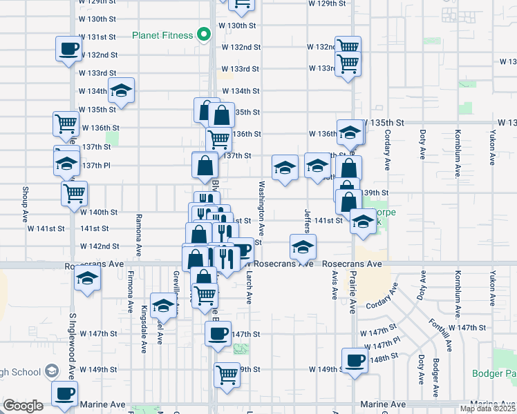 map of restaurants, bars, coffee shops, grocery stores, and more near 13919 Washington Avenue in Hawthorne