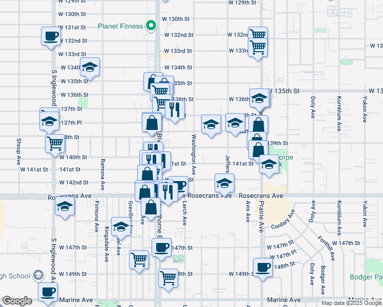 map of restaurants, bars, coffee shops, grocery stores, and more near 13919 Washington Avenue in Hawthorne