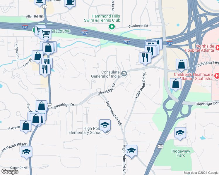 map of restaurants, bars, coffee shops, grocery stores, and more near 5512 Glenridge Drive Northeast in Atlanta