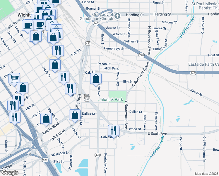 map of restaurants, bars, coffee shops, grocery stores, and more near 309 Walnut Street in Wichita Falls