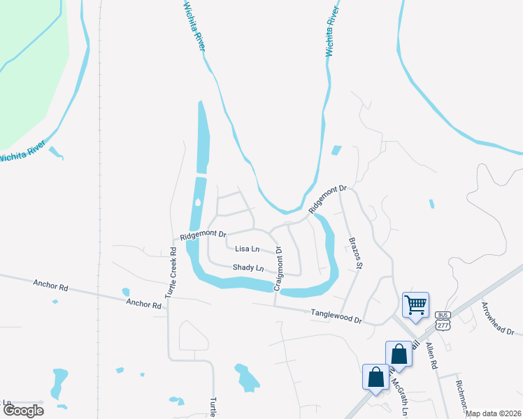 map of restaurants, bars, coffee shops, grocery stores, and more near 2 Hollow Ridge Court in Wichita Falls