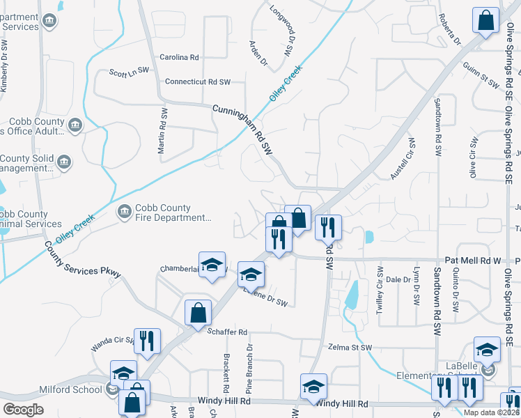 map of restaurants, bars, coffee shops, grocery stores, and more near 2050 Austell Road Southwest in Marietta