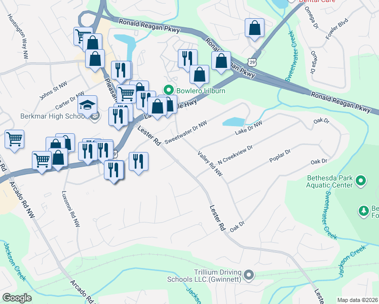 map of restaurants, bars, coffee shops, grocery stores, and more near 247 Valley Road Northwest in Lawrenceville