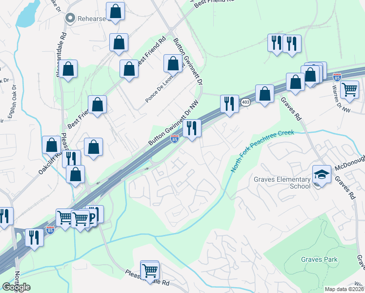 map of restaurants, bars, coffee shops, grocery stores, and more near 813 Seasons Parkway in Norcross