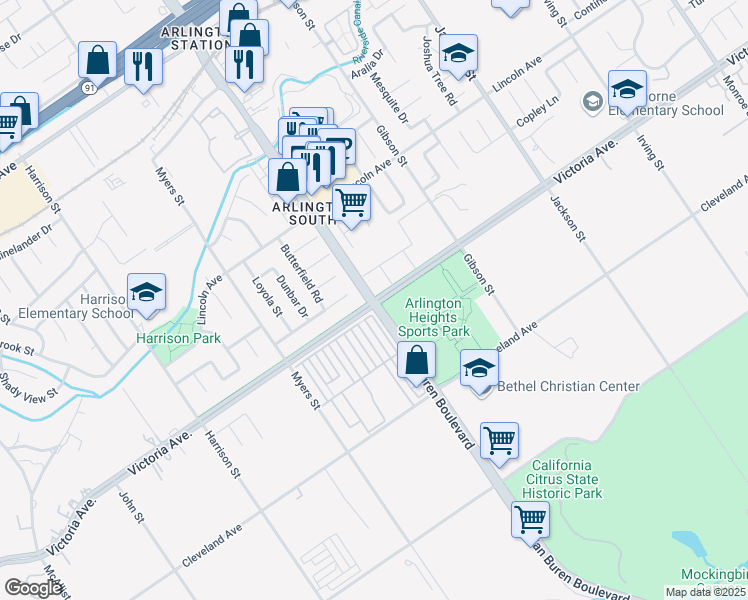 map of restaurants, bars, coffee shops, grocery stores, and more near Van Buren Boulevard in Riverside