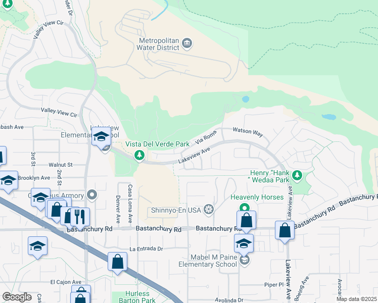 map of restaurants, bars, coffee shops, grocery stores, and more near 17892 Via Roma in Yorba Linda
