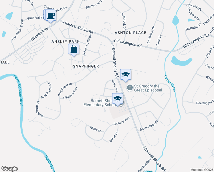 map of restaurants, bars, coffee shops, grocery stores, and more near 178 Wiltshire Drive in Athens