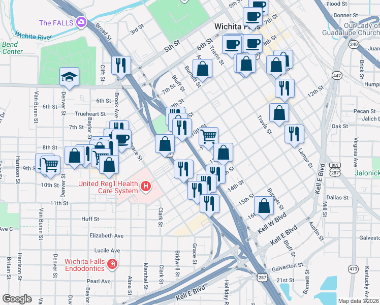 map of restaurants, bars, coffee shops, grocery stores, and more near 1036 Broad Street in Wichita Falls