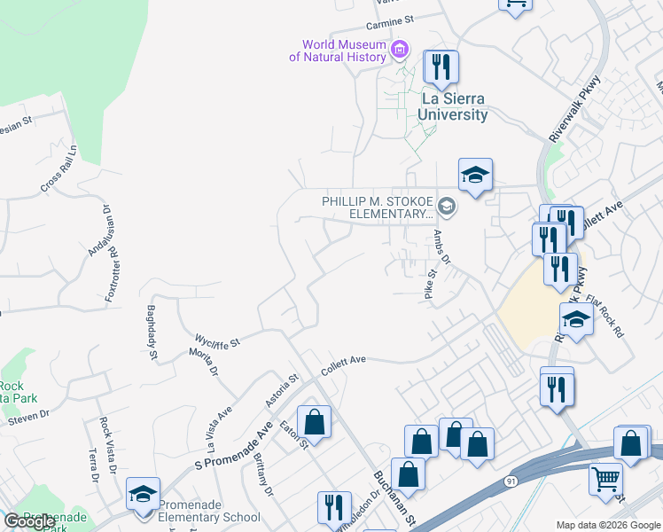 map of restaurants, bars, coffee shops, grocery stores, and more near 12161 Dewar Drive in Riverside