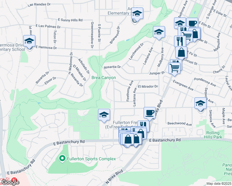 map of restaurants, bars, coffee shops, grocery stores, and more near 2956 Puente Street in Fullerton