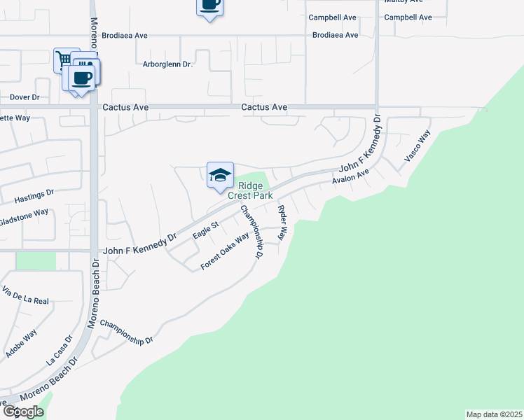map of restaurants, bars, coffee shops, grocery stores, and more near 28623 Avalon Avenue in Moreno Valley