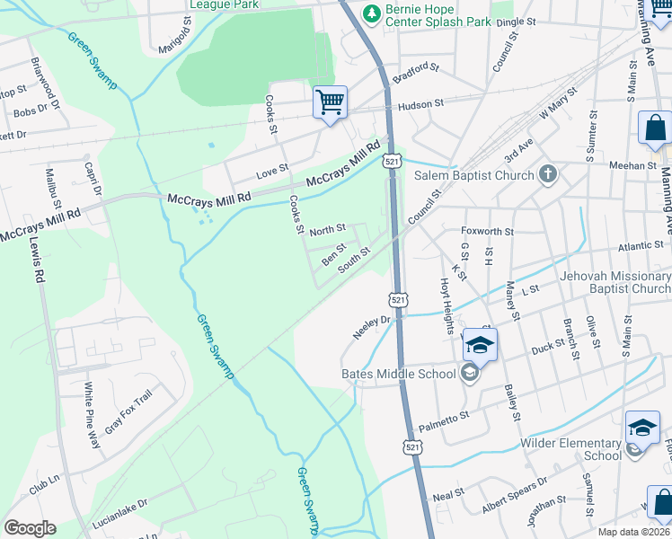 map of restaurants, bars, coffee shops, grocery stores, and more near 343 South Street in Sumter