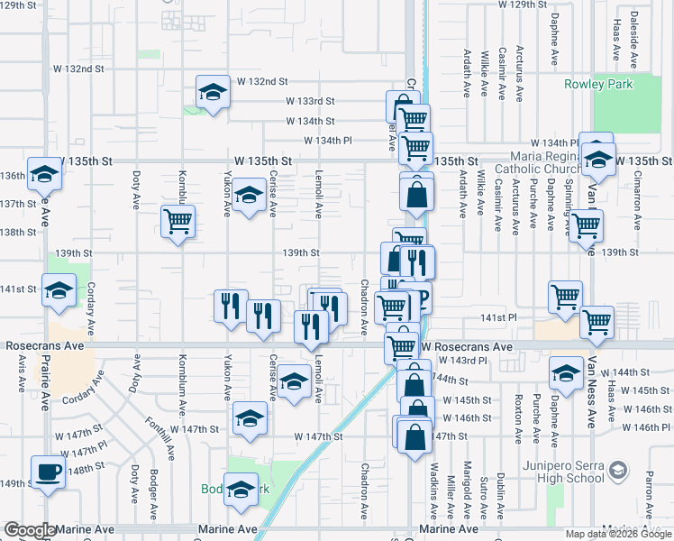 map of restaurants, bars, coffee shops, grocery stores, and more near 13924 Lemoli Avenue in Hawthorne
