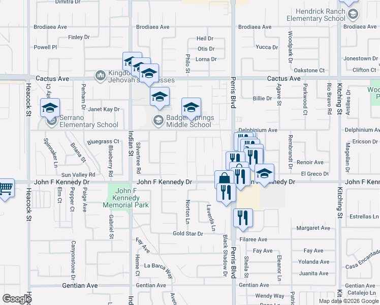 map of restaurants, bars, coffee shops, grocery stores, and more near 14864 Starmont Street in Moreno Valley