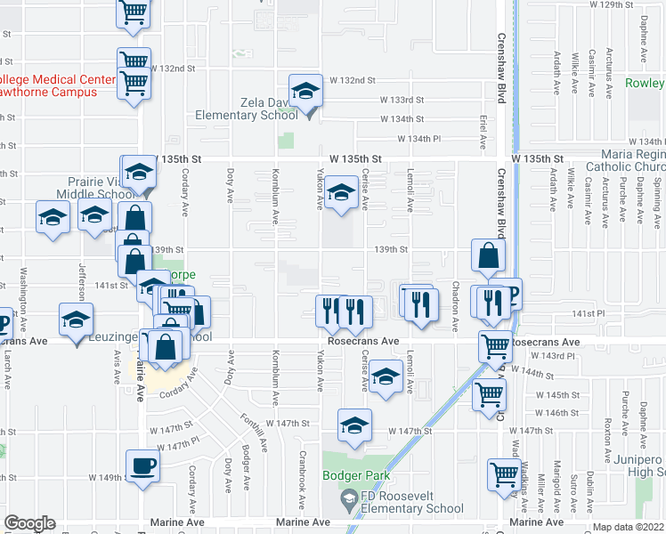 map of restaurants, bars, coffee shops, grocery stores, and more near 13922 Yukon Avenue in Hawthorne
