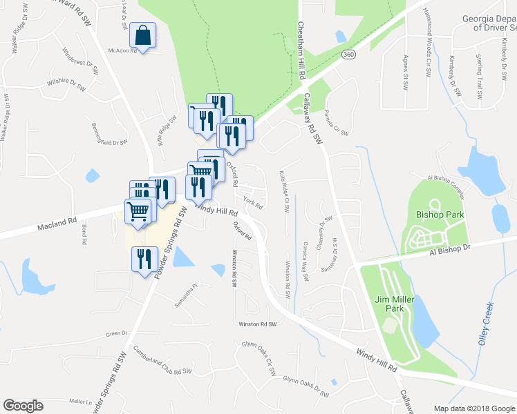 map of restaurants, bars, coffee shops, grocery stores, and more near 161 York Road in Marietta