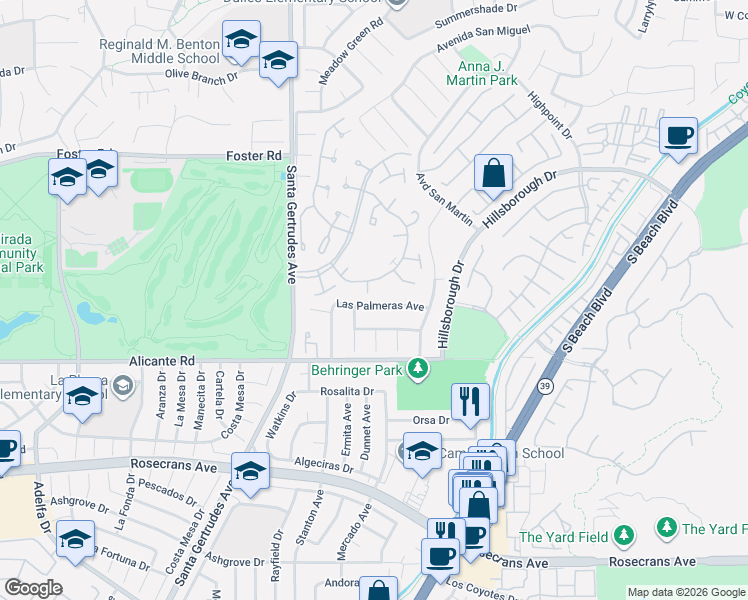 map of restaurants, bars, coffee shops, grocery stores, and more near 15902 Las Palmeras Avenue in La Mirada