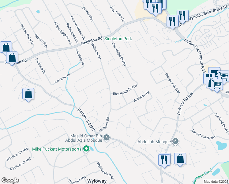 map of restaurants, bars, coffee shops, grocery stores, and more near 967 Riva Ridge Drive Northwest in Norcross