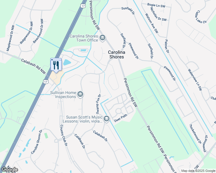 map of restaurants, bars, coffee shops, grocery stores, and more near 43 Bayberry Circle in Carolina Shores