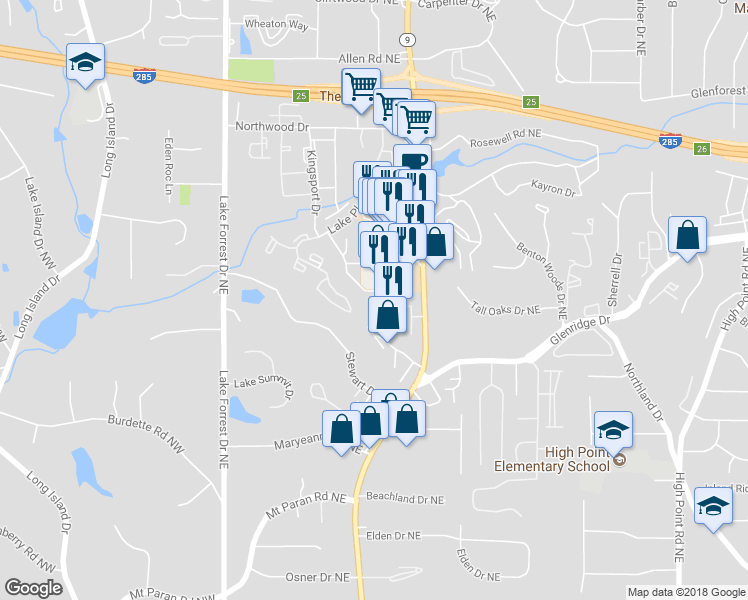 map of restaurants, bars, coffee shops, grocery stores, and more near 174 Meeting Lane in Atlanta