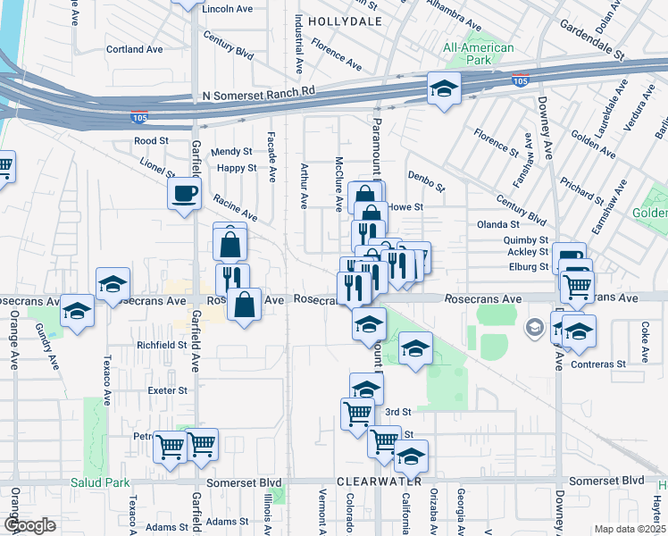 map of restaurants, bars, coffee shops, grocery stores, and more near 14123 McClure Avenue in Paramount