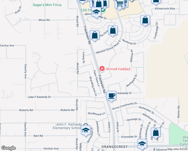 map of restaurants, bars, coffee shops, grocery stores, and more near 8071 Palm View Lane in Riverside