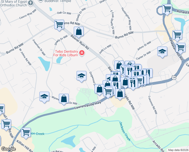map of restaurants, bars, coffee shops, grocery stores, and more near 492 Dogwood Drive Northwest in Lilburn